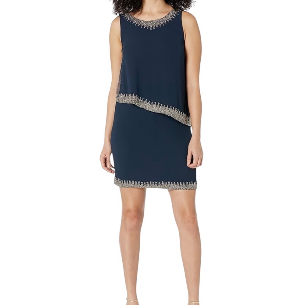 J Kara Navy Blue Chiffon Sleeveless Popover Dress with Pewter Bead Detail 10P